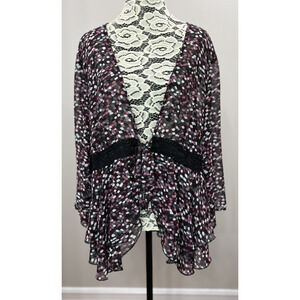 Y2K Dressbarn Top 18/20 2X Black‎ Purple Tie Front Lace Sheer Ruffle USA Y2K